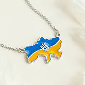 Кольє срібне кордони України з Тризубом на тоненькому ланцюжку із блакитно-жовтою емаллю