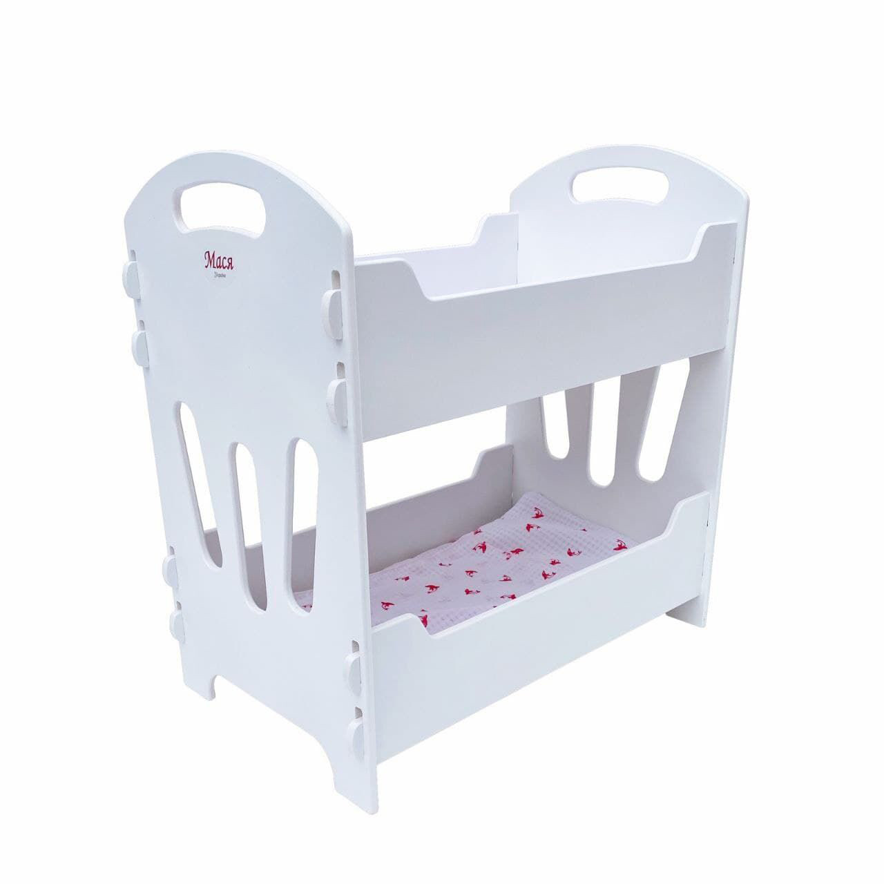 Дерев’яна двоповерхова біла ліжечка для ляльок 8002 МАСЯ з комплектом ліжка в коробці, фото 1