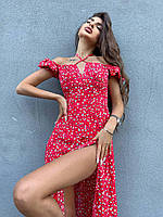 Красивое платье миди Прованс женское из штапеля с завязкой и разрезом в цветочный принт Smdv7482