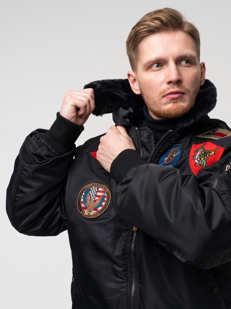 Top Gun Official B-15 Men's Flight Bomber Jacket with Patches Black / L