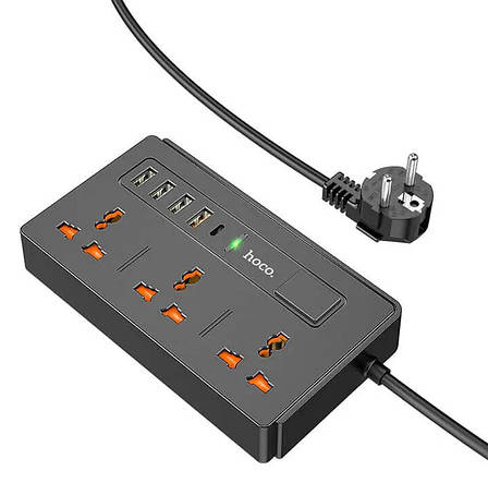 Мережевий фільтр (переноска) Hoco DC15 3 розетки 4xUSB+Type-C PD 18W QC 3.0 2 м Чорний (DC15/BK), фото 1
