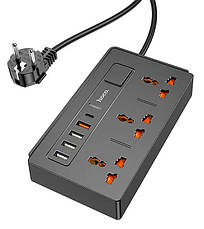 Мережевий фільтр (переноска) Hoco DC15 3 розетки 4xUSB+Type-C PD 18W QC 3.0 2 м Чорний (DC15/BK), фото 4