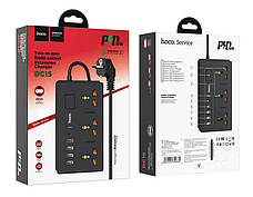 Мережевий фільтр (переноска) Hoco DC15 3 розетки 4xUSB+Type-C PD 18W QC 3.0 2 м Чорний (DC15/BK), фото 6