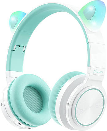 Бездротові дитячі навушники із вушками Picun Lucky Cat С03 Mint Green, фото 1