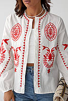 Женская вышитая блузка на пуговицах белая с красной вышивкой