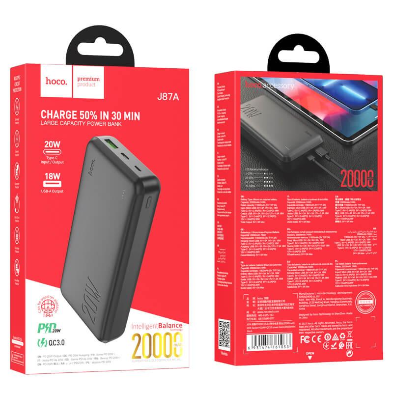 УМБ портативне зарядне Power Bank Hoco Tacker J87A 20000mAh, USB, Type-C, 20W, QC, чорне - фото 6 - id-p1648493845