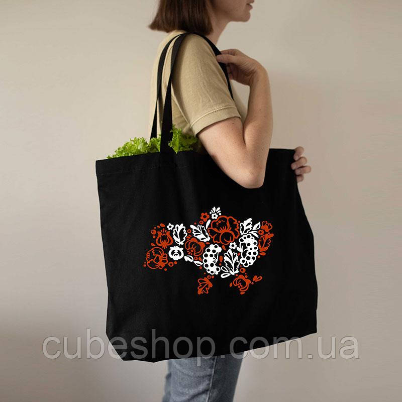 Еко сумка-шоппер «Карта України» Петраківський розпис різнокольорова XL (чорна)