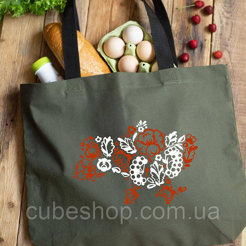 Еко сумка-шоппер «Карта України» Петраківський розпис різнокольорова L (хакі)