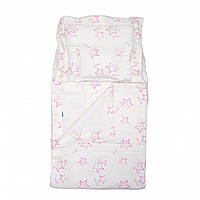 Набор белья в детскую коляску муслин плед, подушка и наматрасник на резинке, Stars pink, белый/розовый