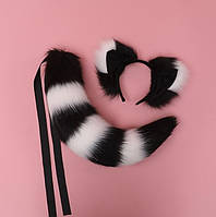 Набор: ободок ушки и хвост котик черный в полоску, костюм карнавальный, квадробика, аниме, косплей