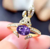 Нежное женское кольцо Милый Золотой Кролик с фиолетовым цирконом, перстень в виде кролика, зайца размер любой