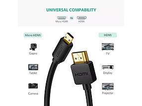 HDMI кабель UGreen 30148 Micro HDMI to HDMI з підтримкою 4K/3D (Черний, 1м), фото 2