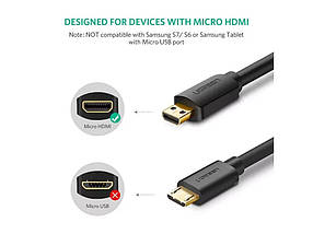 HDMI кабель UGreen 30148 Micro HDMI to HDMI з підтримкою 4K/3D (Черний, 1м), фото 3