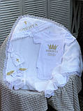 Іменний комплект для хрещення білий із золотим, вишивка: корона, ім'я, вензеля, фото 2
