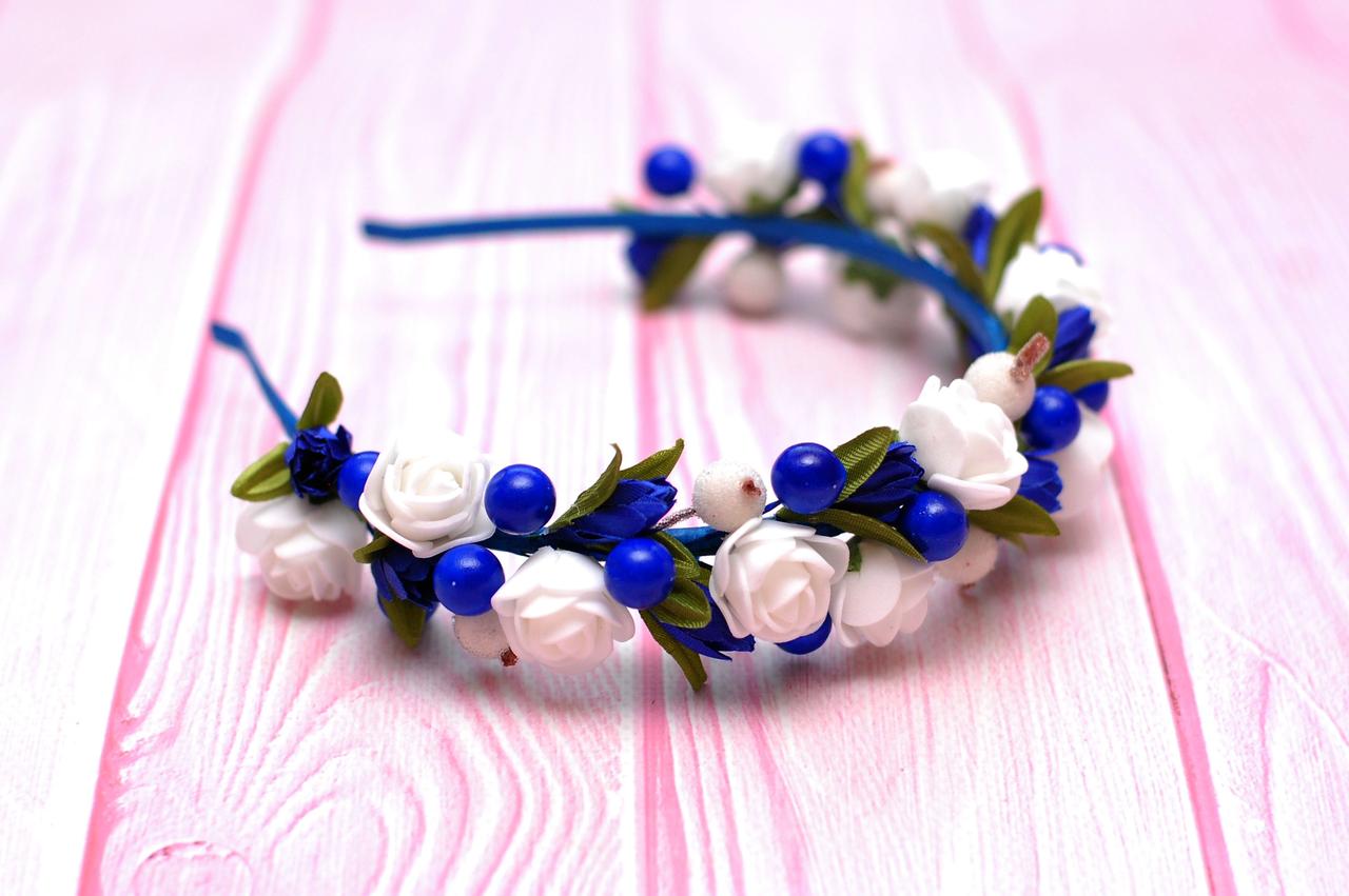 Ободок для волосся / обруч на голову біло-синій з пролісками 121, фото 1