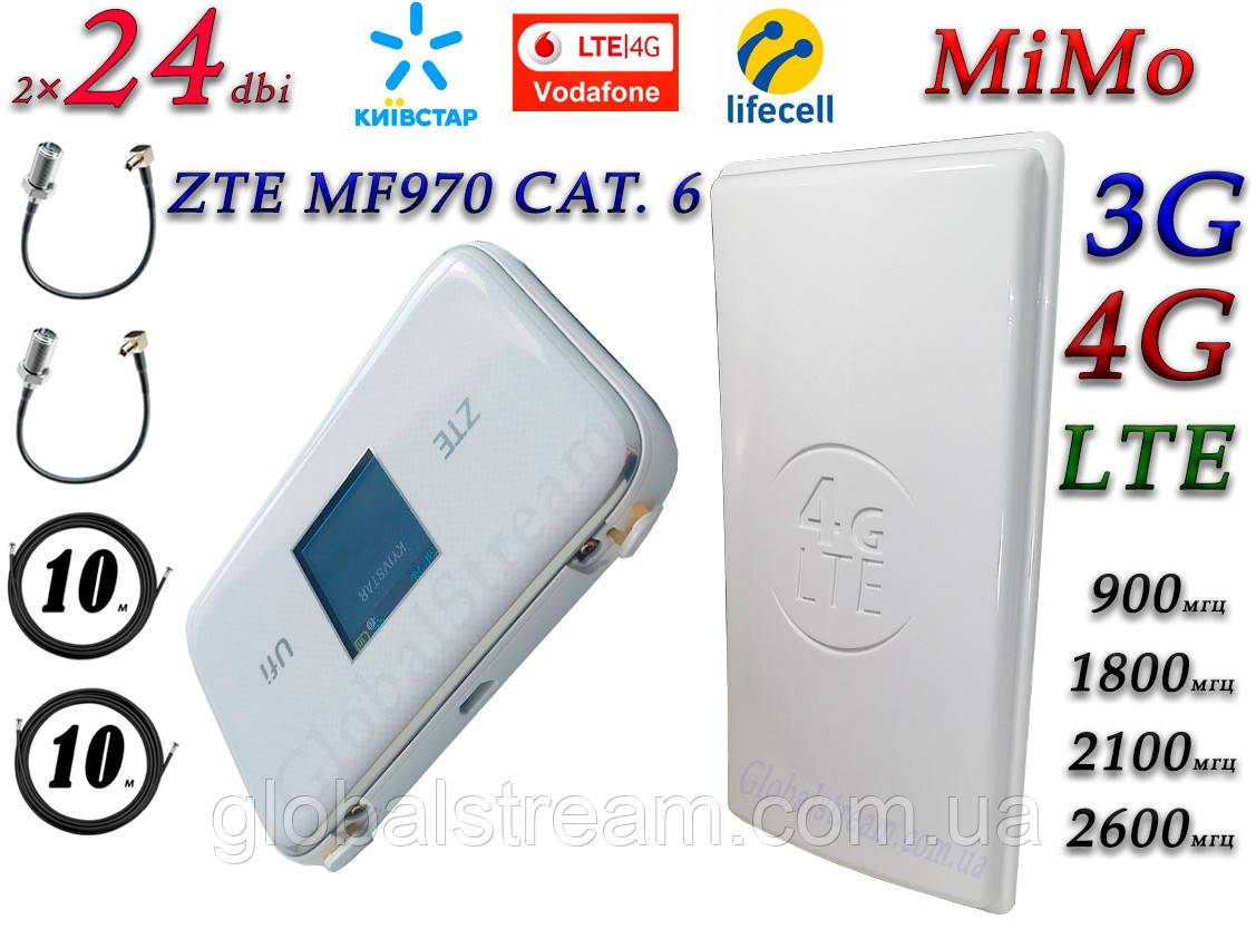 Повний комплект для 4G/LTE/3G з Роутер ZTE MF970 cat.6 до 300 Мб + Антена MIMO 2×24dbi (48 дб)