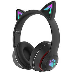 Бездротові дитячі MP3 Навушники з котячими Вушками з підсвіткою з MicroSD з FM-Радіо Cat Ear L550 Bluetooth Чорні