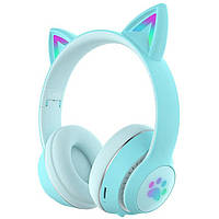 Беспроводные детские MP3 Наушники с кошачьими Ушками с подсветкой с MicroSD с FM-Радио Cat Ear L550 Бирюзовый
