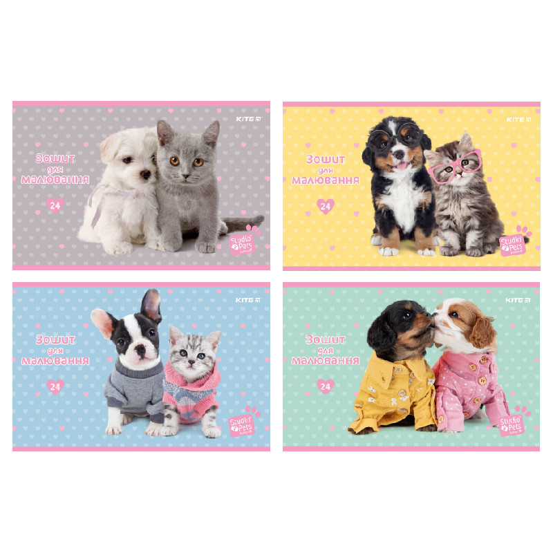 Зошит для малюв. на скобі 24/100 A4 "Studio Pets" софт тач+УФ лак №SP22-242/Kite/(12)(96)