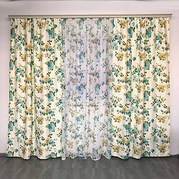 Комплект атласних штор і тюлі з льону молочні з блакитними квітами (SHT-M822-4)