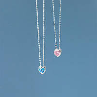 Серебряная цепочка с кулоном Сердце, на выбор розовый или голубой фианит, длина 40+5 см, серебро 925 пробы