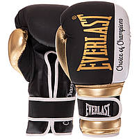 Перчатки боксерские кожаные на липучке Everlast BO-0578 (р-р 10oz, черный-белый-золотистый)