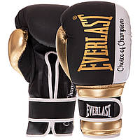 Перчатки боксерские кожаные на липучке Everlast BO-0578 (р-р 12oz, черный-белый-золотистый)