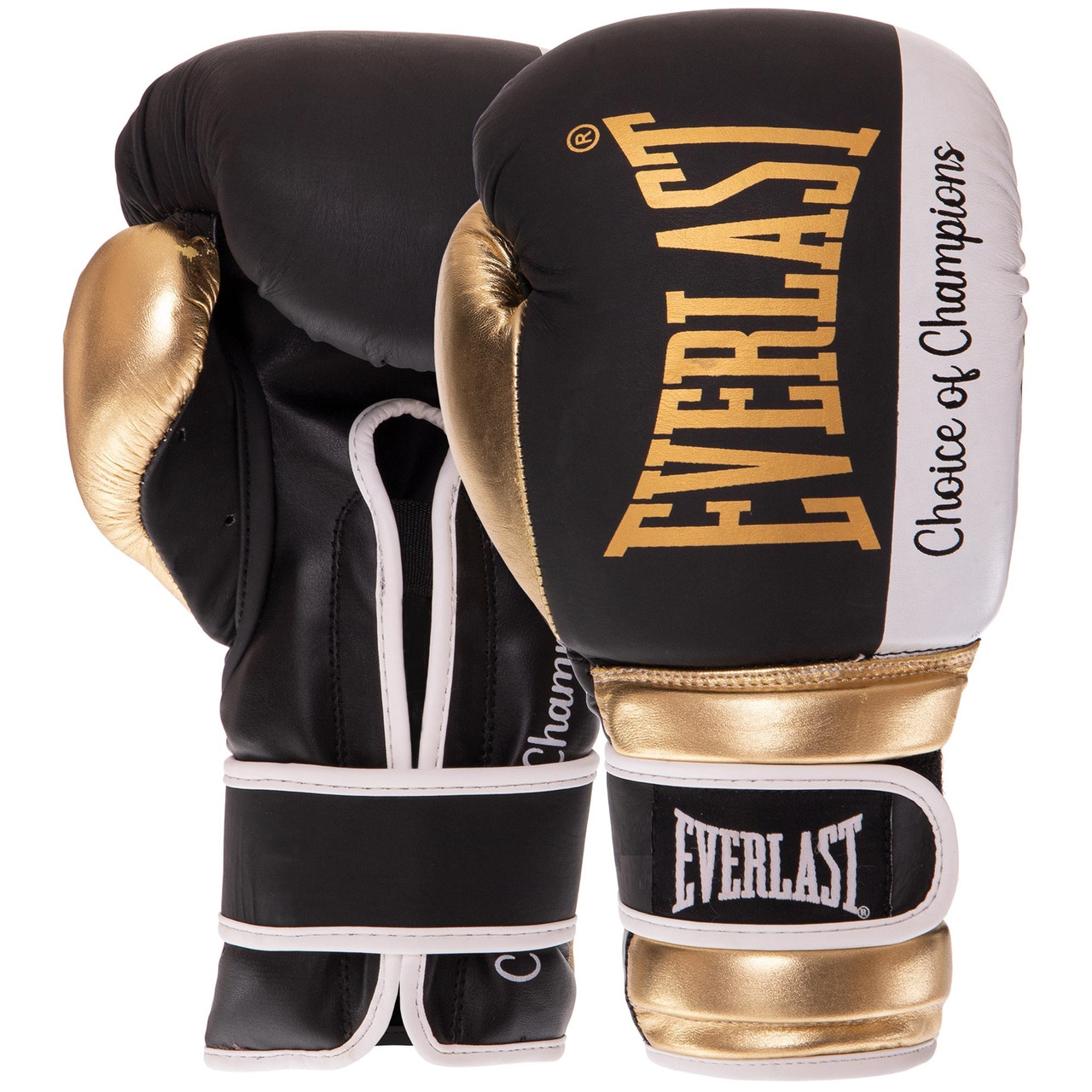 Перчатки боксерские кожаные на липучке Everlast BO-0578 (р-р 12oz, черный-белый-золотистый) - фото 1 - id-p1649269428