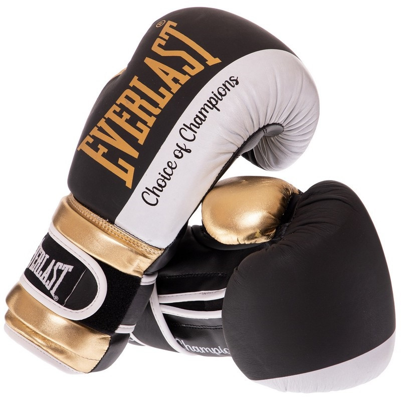 Перчатки боксерские кожаные на липучке Everlast BO-0578 (р-р 12oz, черный-белый-золотистый) - фото 3 - id-p1649269428