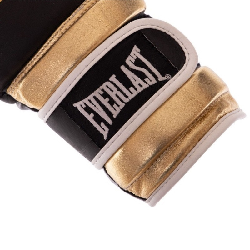 Перчатки боксерские кожаные на липучке Everlast BO-0578 (р-р 12oz, черный-белый-золотистый) - фото 4 - id-p1649269428