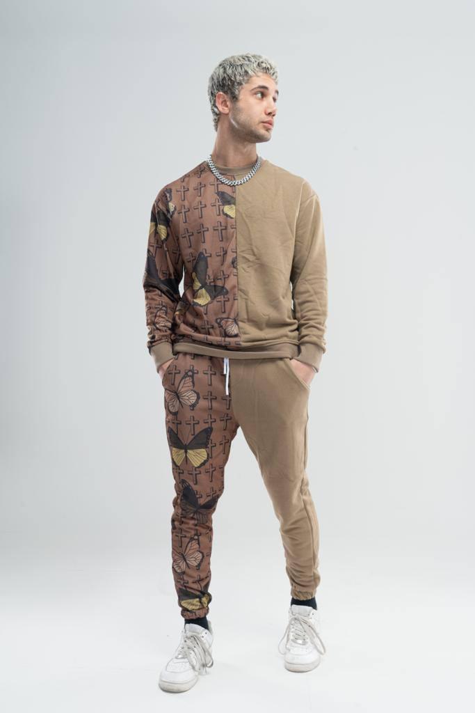 Спортивний костюм чоловічий бежевий весна-осінь без капюшона з принтом Butterflies and Crosses, фото 1