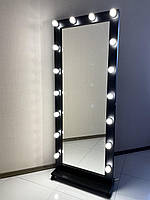 Гримерне дзеркало 180 х 70 з лампами у весь зріст на колесах в чорній рамі (Дзеркало ростове підлогове з підсвіткою)