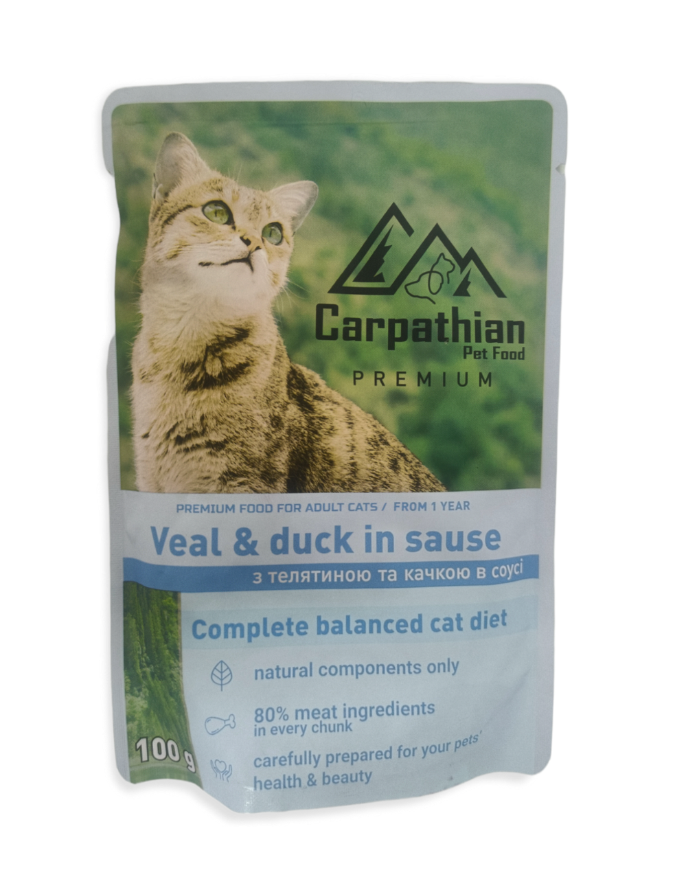 Вологий корм Carpathian Pet Food 100г телятина з качкою в соусі для котів, фото 1