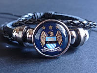 Кожаный плетенный браслет с клубной футбольной символикой "Manchester City" (Логотип 1997-2016 год)