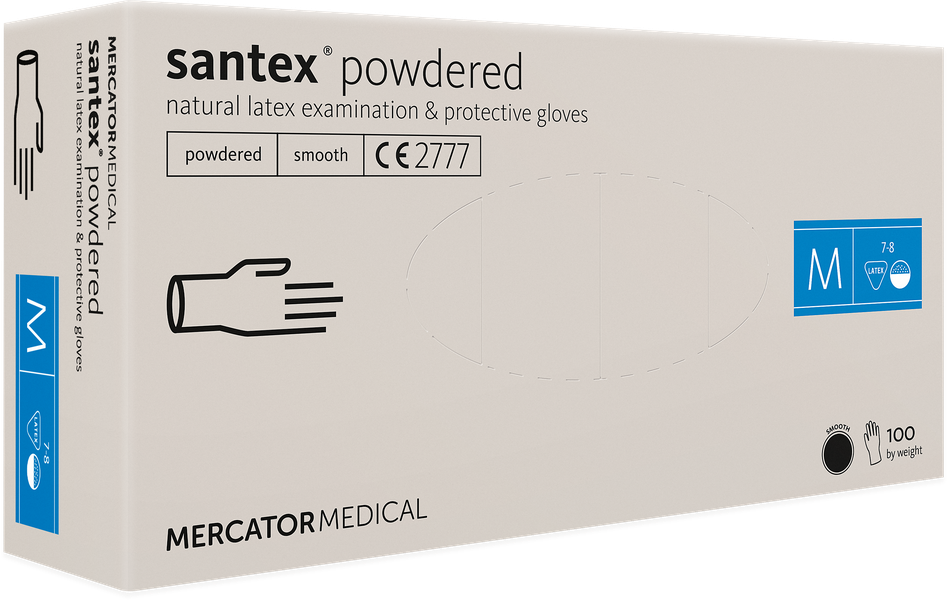 Рукавички латексні SANTEX® POWDERED р. M 100 шт оглядові нестерильні припудрені Колір:білий, фото 1
