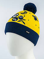 Дитяча шапка із пряжі з помпоном OXYGON OWL [OWL-038] Жовтий / Темно-Синій