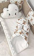 Комплект дитячої постільної білизни із захистом, ковдрою та бантом. Brown Bear