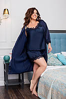 Шёлковый женский пижамный комплект 3-ка- шорты, майка и халат с 42 по 64 размер