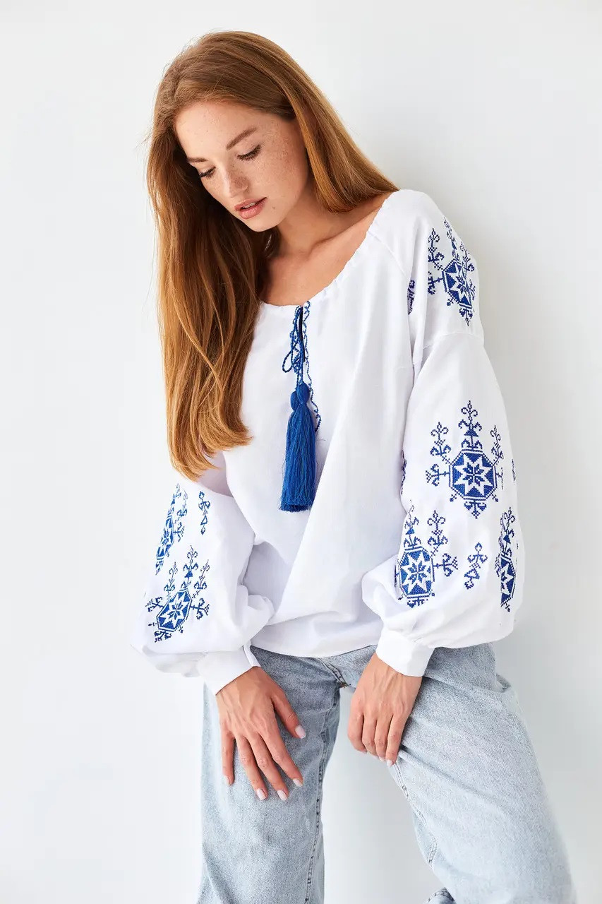 Жіноча вишиванка з синім геометричним візерунком (202), фото 1