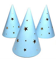 Колпачки праздничные бумажные голубые, набор колпаков с золотыми звездами 16 см 5 шт