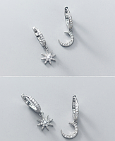 Серьги-кольца Месяц+Звезда с камнями, удобные асимметричные серебряные сережки