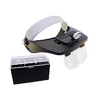Бінокулярна налобна лупа Magnifier MG81001-A з led-підсвіткою, 4 змінні лінзи (x1,2; х1,8; x2,5; х3,5)