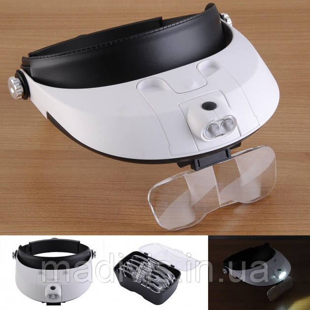 Бінокулярна налобна лупа Magnifier MG81001-G з led-підсвіткою, 5 змінних лінз (х1,0; х1,5 х2; x2,5; х3,5)