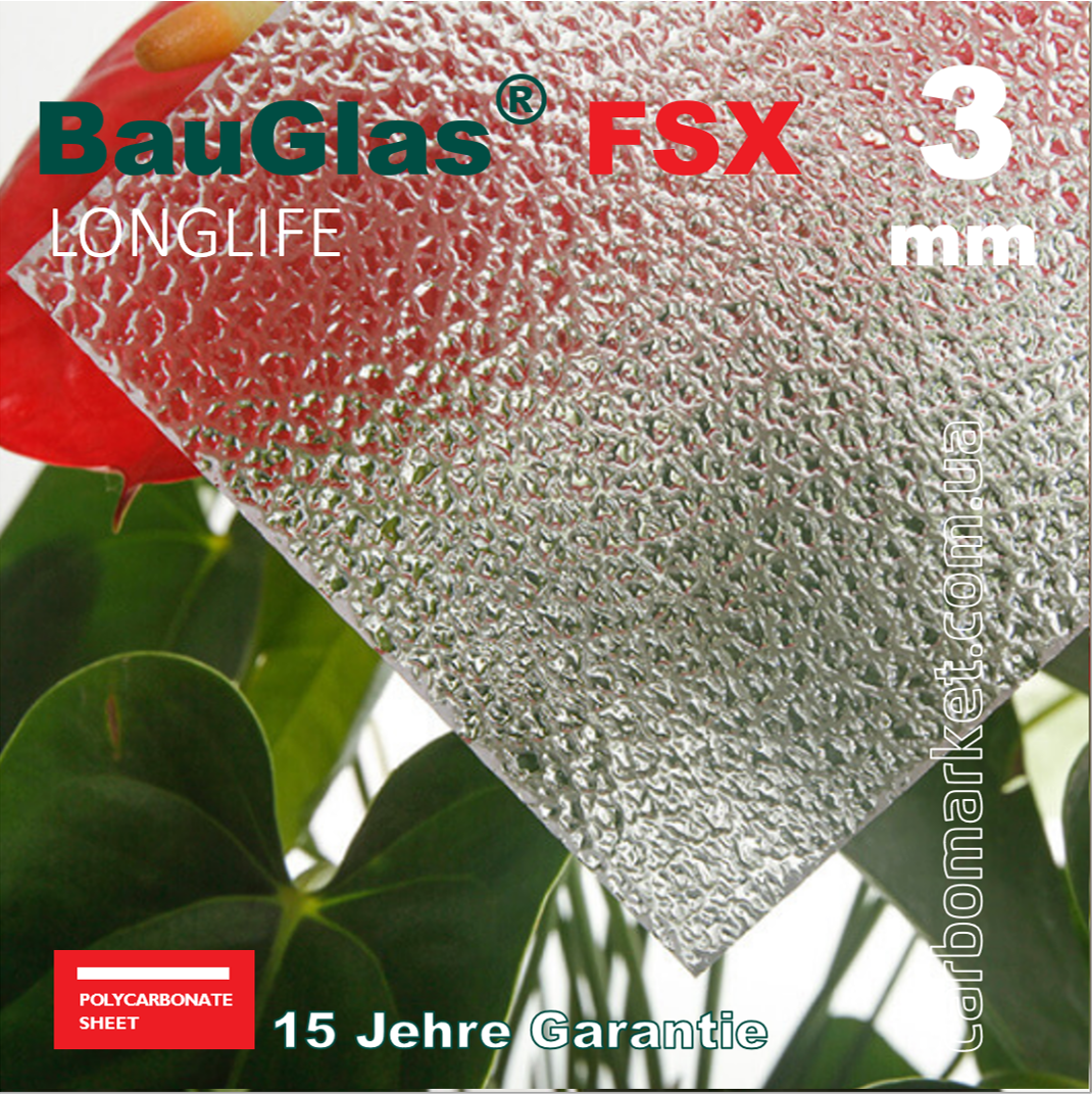 Монолітний полікарбонат 2050Х3050Х3 мм BauGlas FSX Embossed 2UV прозорий Сербія, фото 1