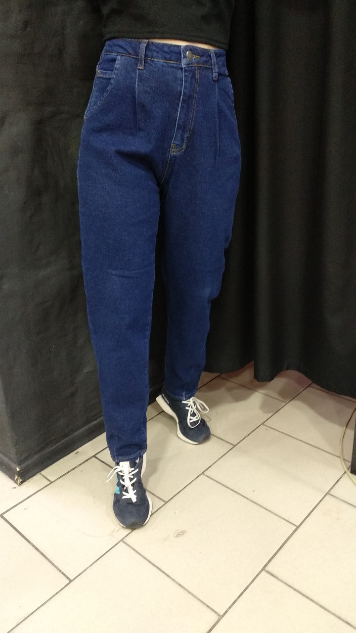 Джинси жіночі МОМ утеплені байкою щільні зима 38 сині, фото 1