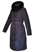 Пуховик пальто женское зимнее длинное с натуральной лисой, с капюшоном Mirage Темно-фиолетовый