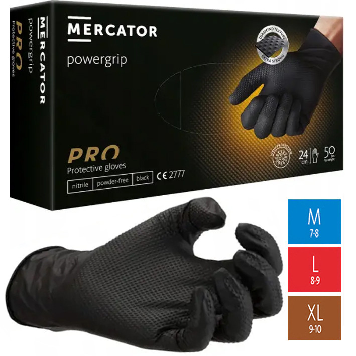 Нітрилові рукавички Cупер міцні GoGrip Mercator Medical, щільність 6.7 г. — чорні (50 шт./25пар)