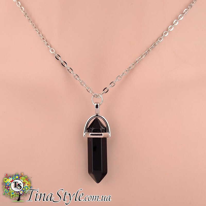 Підвіска кулон чорний кристал і місяць подвійний ланцюжок натуральний шестикутний камінь місяць, фото 1