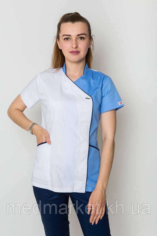 Костюм медичний Мілана з брюками 7/8 ELIT COTTON. Білий+блакитний / темно-синій, фото 1