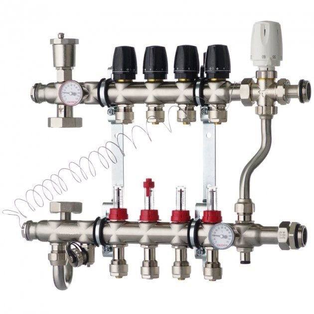 Колектор з триходовим клапаном 1013 нержавейка в збірі на 7 виходів, фото 1